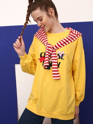 Sarı Oversize Bisiklet Yaka Baskılı Sweatshirt