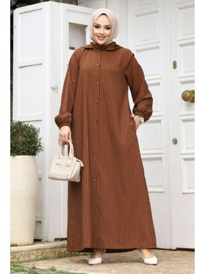 Kahverengi Büyük Beden Çıkarılabilir Kapüşonlu Boydan Düğmeli Ferace