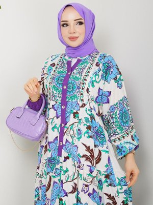 Uzun Ve Yazlık Elbise Viskon Kumaş Önü Düğmeli Çiçekli Desen Renk Beden