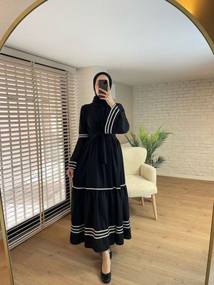 Yaka Nakışlı Keten Gömlek Elbise