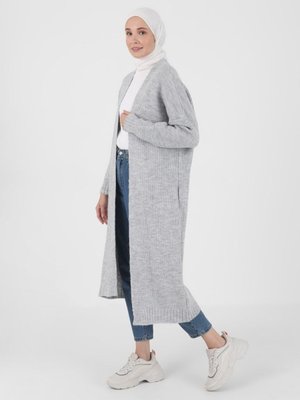 Gizli Cepli Triko Hırka Gümüş Melanj