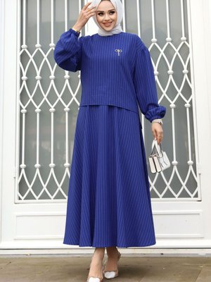 Gonca Broş Detaylı Etekli Takım Saks Mavisi