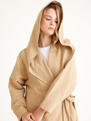 Pamuklu Bağcıklı Trençkot Camel Bol Kalıp