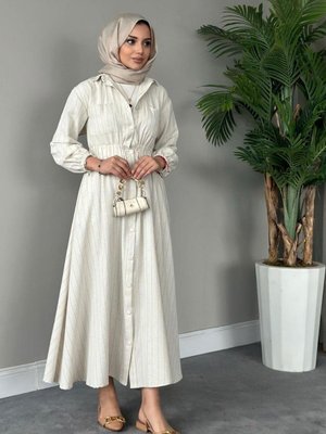 Beylem Çizgili Keten Elbise Yağ Yeşili Beylem Çizgili Keten Elbise Yağ Yeşili