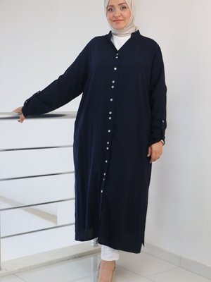 Lacivert Büyük Beden Düğmeli Hakim Yaka Dokuma Bürümcük Tunik
