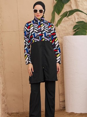 Siyah Amı Paraşüt Üstü Desenli Tam Kapalı Mayo