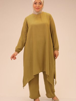 Yağ Yeşili Büyük Beden Keten Airobin Pantolonlu Takım