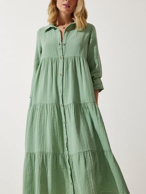 Çağla Yeşili Müslin Kloş Gömlek Elbise