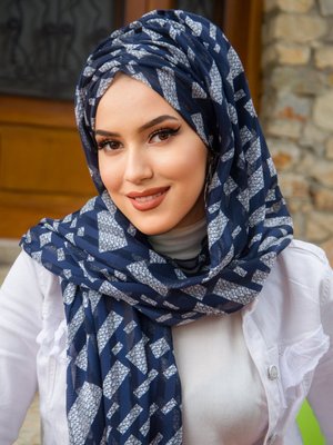 Lacivert Beyaz Hazır Şifon Şal