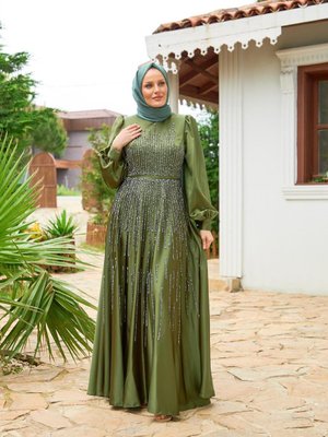 Önü Düz Çizgi Taşlı Elbise Haki Önü Düz Çizgi Taşlı Elbise Haki