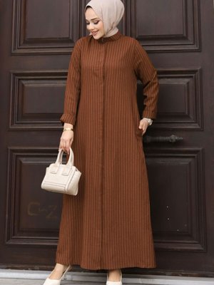 Boydan Gizli Düğmeli Çizgili Ferace Kahverengi