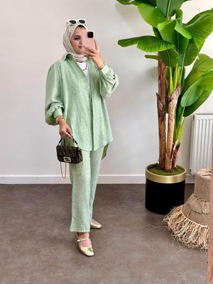 Pamuk Keten Kolu Taşlı Takım Mint Yeşili Pamuk Keten Kolu Taşlı Takım Mint Yeşili