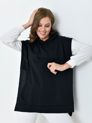 Kapüşon Siyah Kapşon Yaka Uzun Düğmeli Oversize Sweatshirt Sweat Yelek Kolsuz Panço Kapüşon Siyah Kapşon Yaka Uzun Düğmeli Oversize Sweatshirt Sweat Yelek Kolsuz Panço