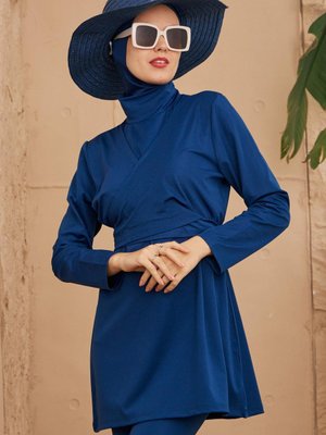 İndigo Kelebek Model Kruvaze Tasarım Tam Kapalı Mayo