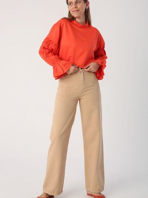 Bej Pamuk Rahat Kalıp Bol Paça Pantolon