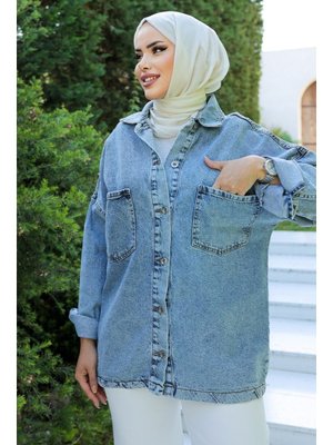 Açık Mavi Oversize Çift Cepli Kot Ceket