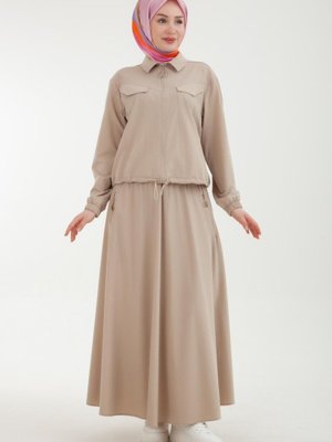 Armine Trend Paraşüt Kumaşlı Önden Fermuarlı Etekli Takım Bej