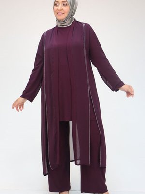 Mürdüm Büyük Beden Taş Baskılı Üçlü Takım