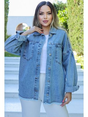 Açık Mavi Püsküllü Oversize Kot Ceket