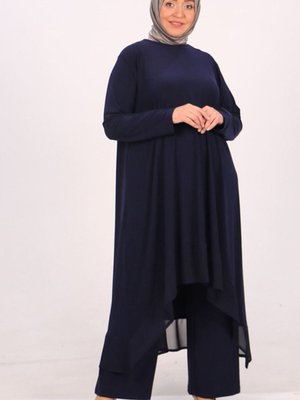 Lacivert Büyük Beden Sandy Şifon Pantolonlu Takım Lacivert Büyük Beden Sandy Şifon Pantolonlu Takım