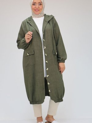 Haki Büyük Beden Düğmeli Cepli Keten Airobin Kap