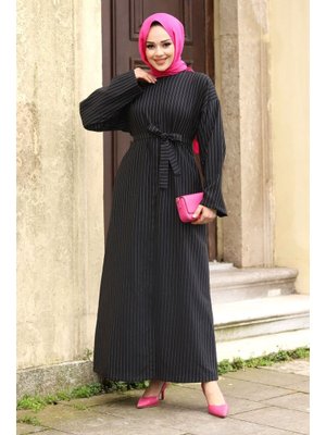 Siyah Gizli Fermuarlı Çizgili Kuşaklı Ferace