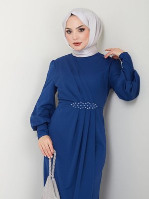 Aplike Taşlı Uzun Günlük Abiye Elbise