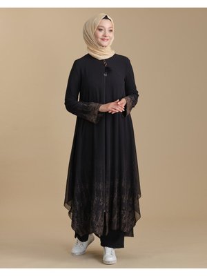 Siyah Şifon Etek Uçları Ve Bilek Kısmı Desenli Fermuarlı Ferace