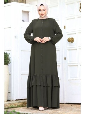 Haki Boydan Düğmeli Eteği Fırfırlı Ferace Haki Boydan Düğmeli Eteği Fırfırlı Ferace