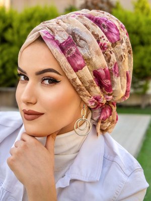 Camel Vişne Desenli Tokalı Bone