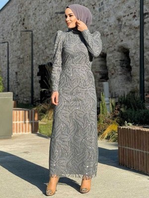 Dal Desenli Simli Tül Büyük Beden Abiye Elbise Gri Dal Desenli Simli Tül Büyük Beden Abiye Elbise Gri