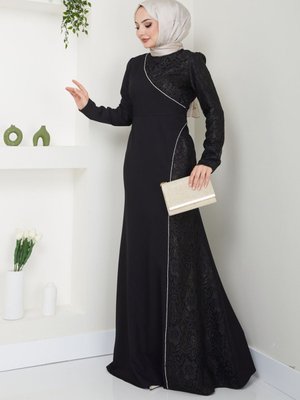 Simli Dantelli Balık Tesettür Abiye Elbise