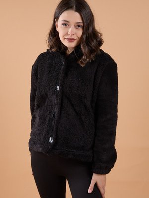 Düz Kapüşonlu Yaka Siyah Ceket