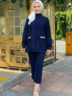 Lacivert Cepleri Taşlı İkili Takım Lacivert Cepleri Taşlı İkili Takım