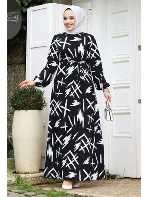 Siyah Fırça Desenli Beli Kuşaklı Elbise