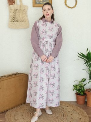 Lila Gül Desen Jile & Soft Mor Klasik Yaka Crop Gömlek Takım