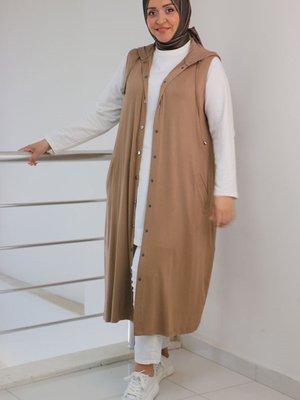 Büyük Beden Çıtçıtlı Kapüşonlu Penye Yelek Vizon