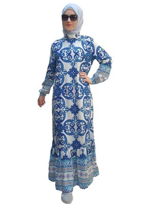 Desenli Pamuk Elbise Desen Büyük Beden Doğal Kumaştan