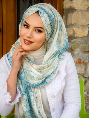 Turkuaz Desenli Hazır Şifon Şal