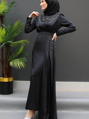 Pelerini Taşlı Saten Abiye Elbise Siyah