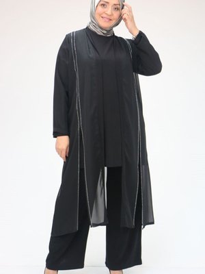 Siyah Büyük Beden Taş Baskılı Üçlü Takım Siyah Büyük Beden Taş Baskılı Üçlü Takım