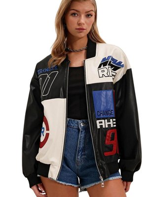 Siyah Baskılı Bomber Deri Mont Siyah Baskılı Bomber Deri Mont