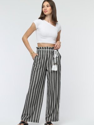 Füme Bağcıklı Bol Paça Çizgili Keten Pantolon Füme Bağcıklı Bol Paça Çizgili Keten Pantolon