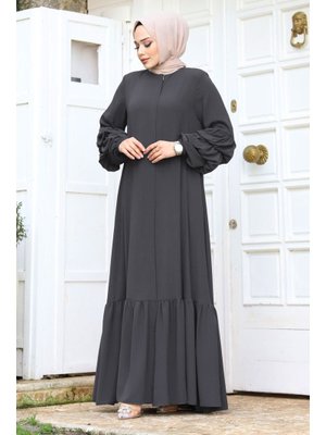 Antrasit Çift Balon Kol Detaylı Eteği Volanlı Ferace Antrasit Çift Balon Kol Detaylı Eteği Volanlı Ferace