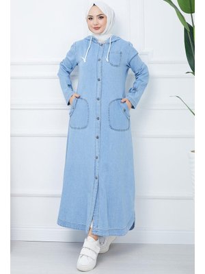 Açık Mavi Kapüşonlu Kot Kap