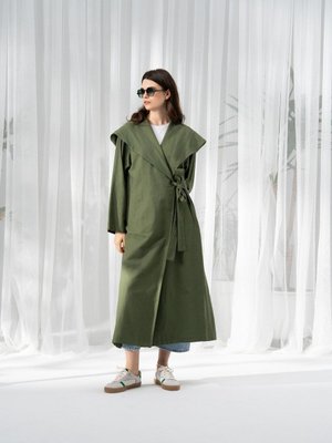 Pamuklu Bağcıklı Trençkot Yeşil Bol Kalıp