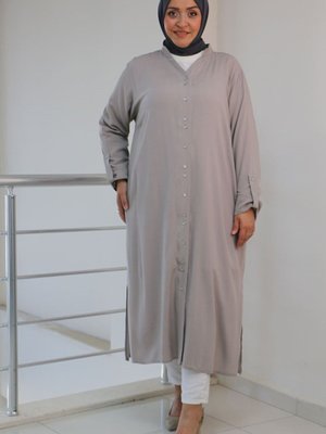 Gri Büyük Beden Düğmeli Hakim Yaka Dokuma Bürümcük Tunik
