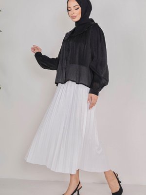 Düz Orta Beyaz Piliseli Etek