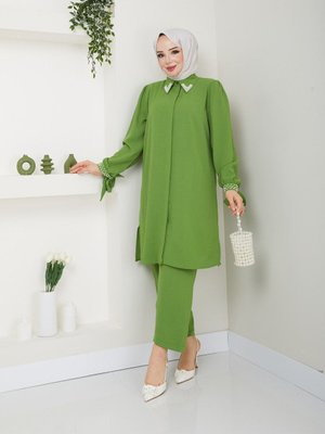 Yakası Ve Manşeti İnci Boncuklu Büyük Beden İkili Takım