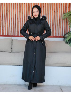 Kmkbin Kadın Tam Boy Bondit Kumaş İçi Kürklü Kapşonlu Spor Ve Şık Mont